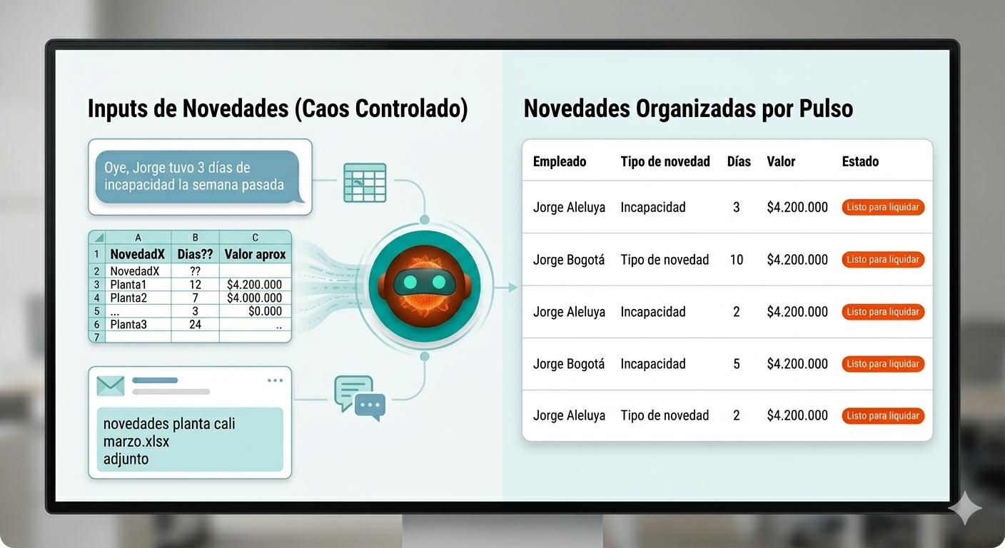 Pulso recibiendo novedad caótica y convirtiéndola en novedad lista para liquidar