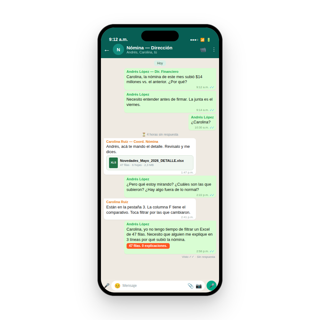 Chat de WhatsApp donde alguien pregunta por qué subió la nómina